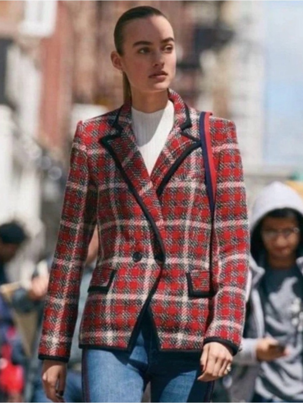 Veronica Beard Harriet Red Tweed Plaid Blazer with Detachable Knit Cuffs NWOT